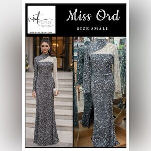 Miss Ord Silver Sequin High Neck Long Sleeve Modest Evening Gown Dress Sz Small